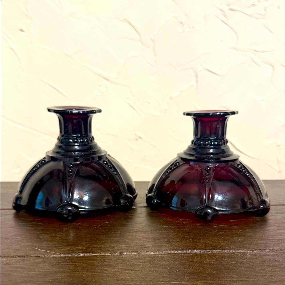 2cp Vintage Anchor Hocking Taper Candle Stick Holder Oyster Pearl Royal Ruby Red